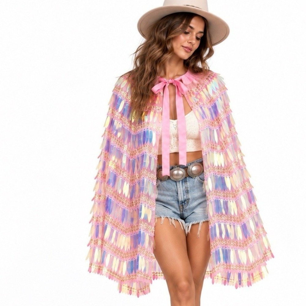 Fairy Iridescent Sequin Sheer Cape Ethereal Disco Rave Festival Costume Fantasy